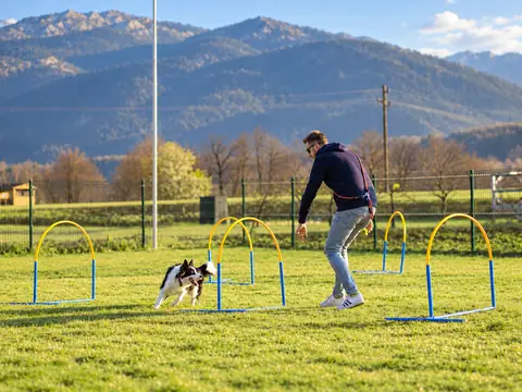 Vodnik in pes na progi z obroči